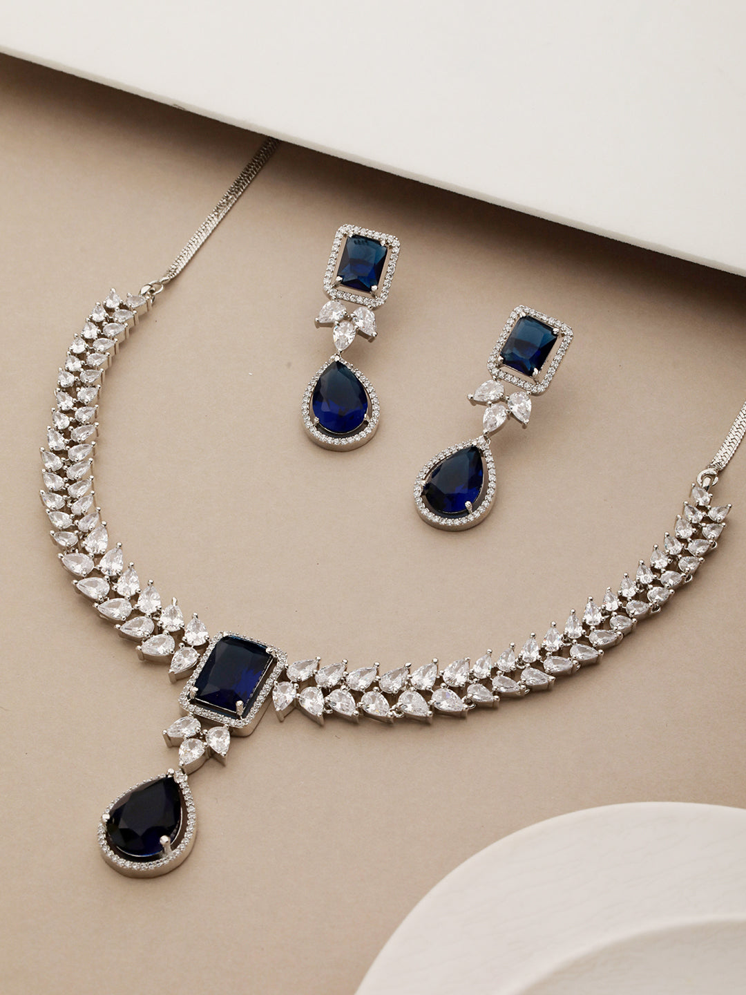 Silver Plated Blue Zircon Minimal  Necklace Jewellery Set